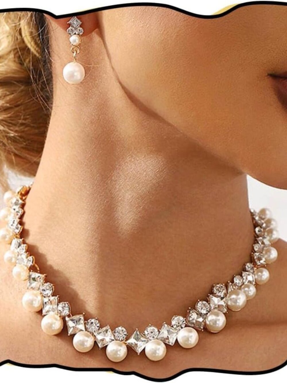 Rhinestone Necklace Earring Set Faux Pearl Necklace and Dangle Earrings Wedding